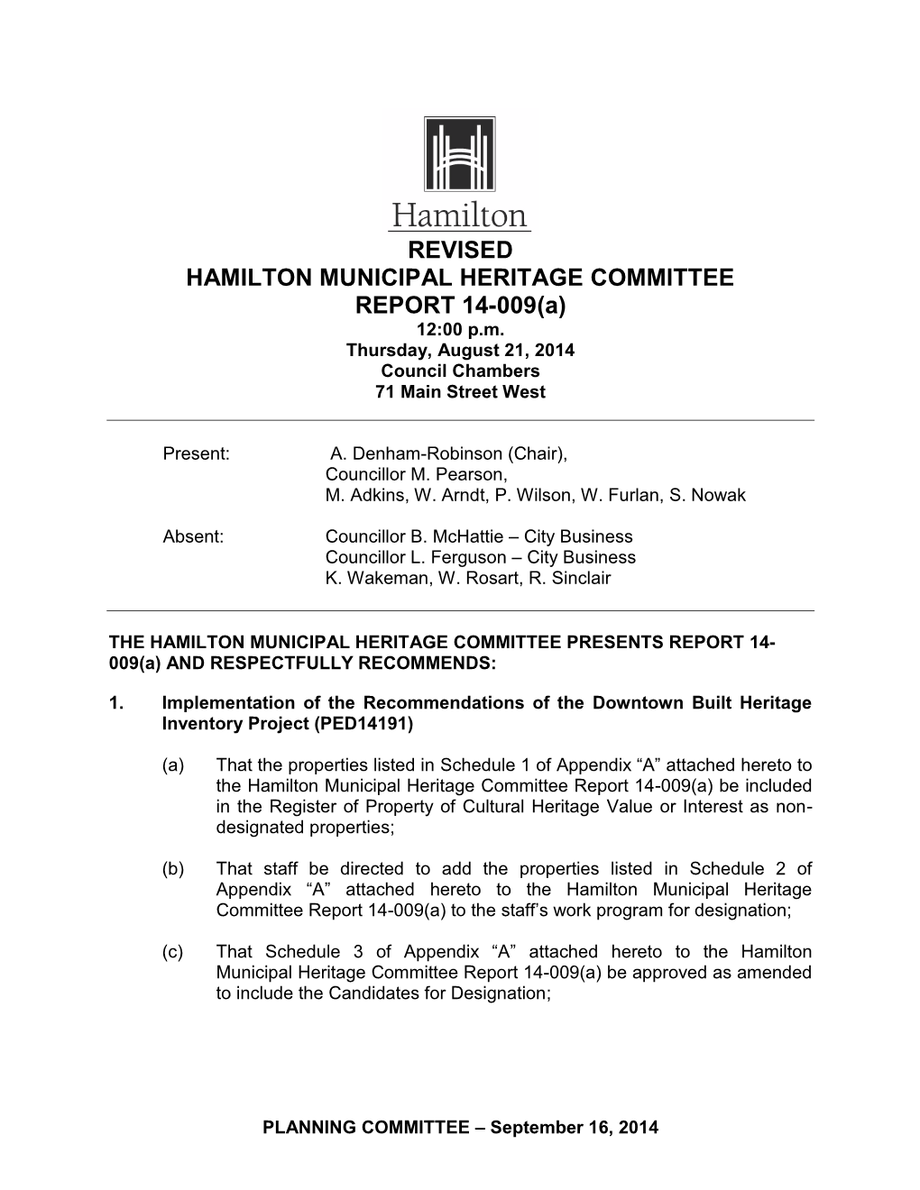 REVISED HAMILTON MUNICIPAL HERITAGE COMMITTEE REPORT 14-009(A) 12:00 P.M