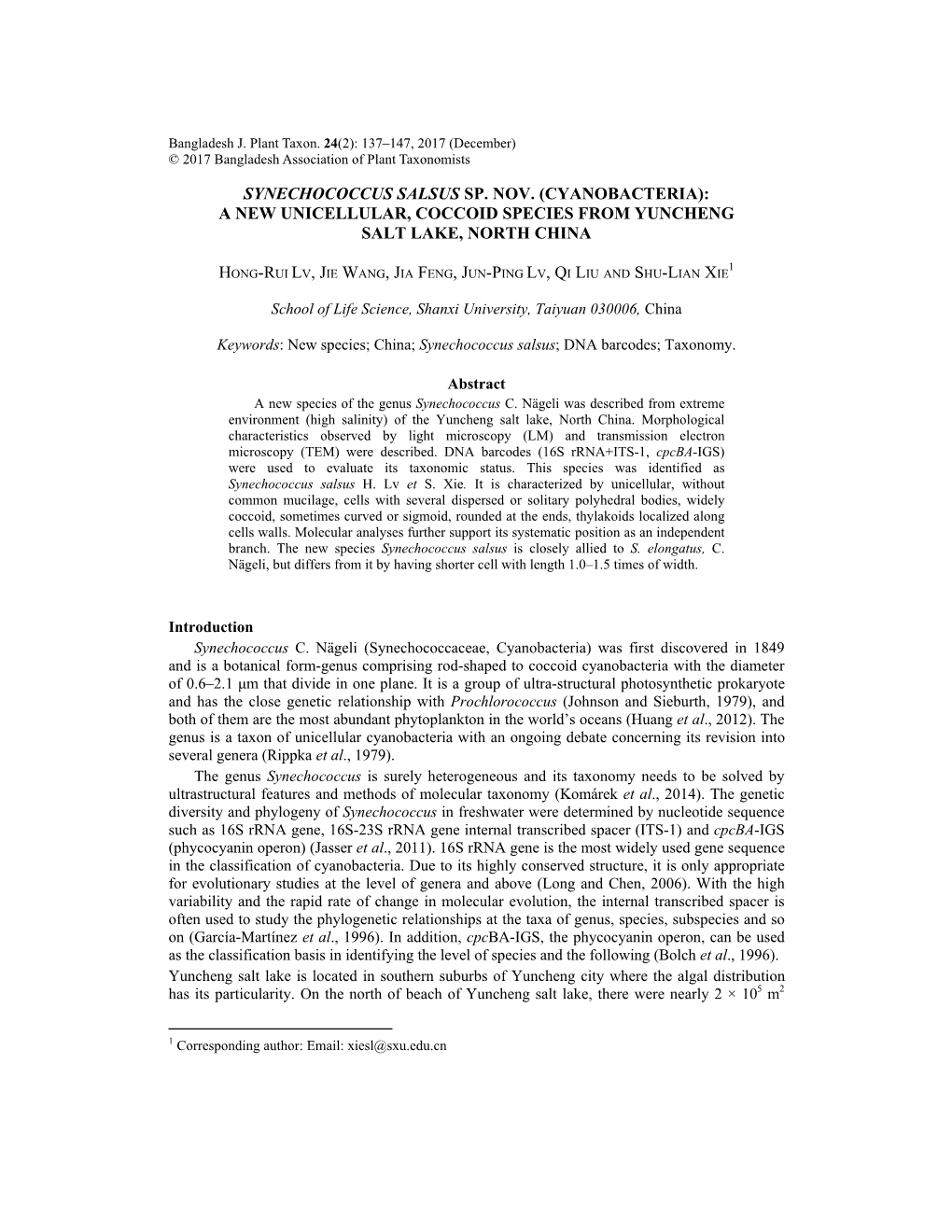 Synechococcus Salsus Sp. Nov. (Cyanobacteria): a New Unicellular, Coccoid Species from Yuncheng Salt Lake, North China