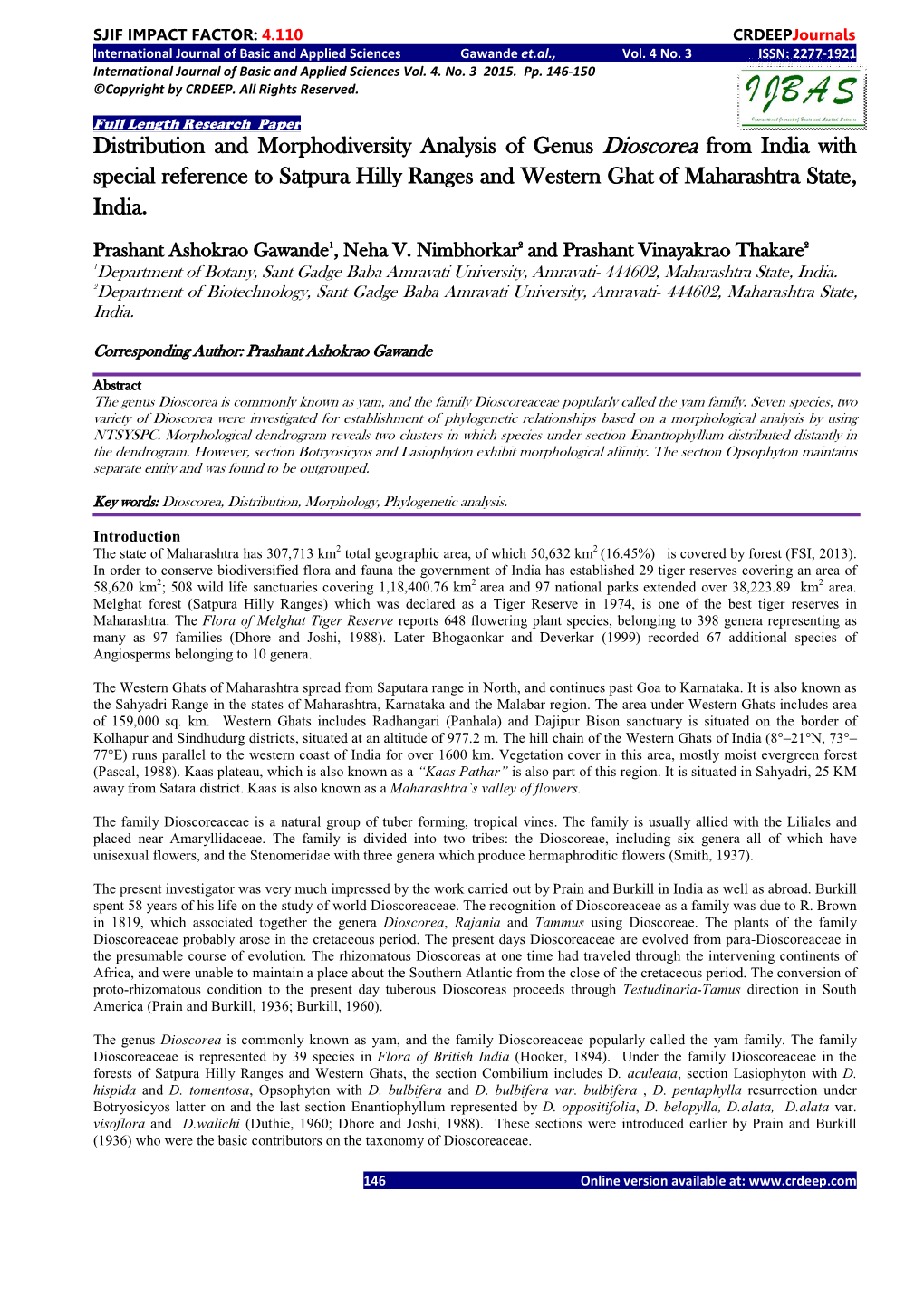 Distribution and Morphodiversity Analysis of Genus Dioscorea from India with Special Reference to Satpura Hilly Ranges and Western Ghat of Maharashtra State, India