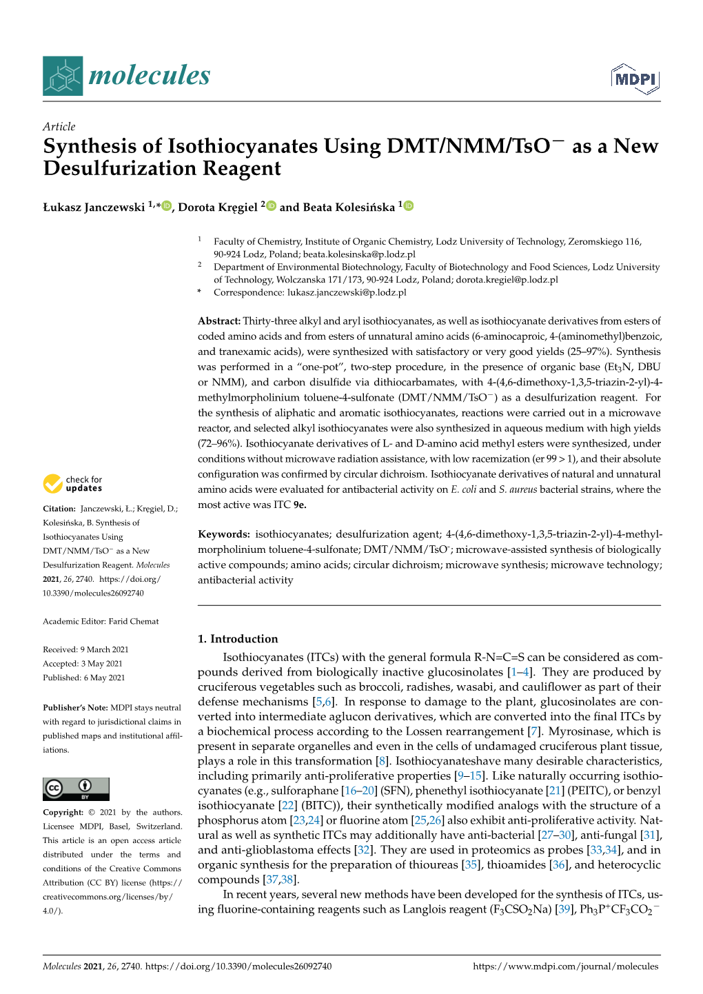 Synthesis of Isothiocyanates Using DMT/NMM/Tso− As a New Desulfurization Reagent