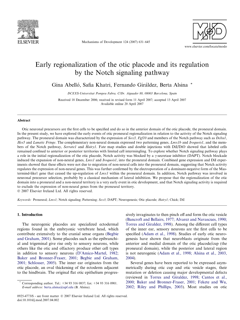 Early Regionalization of the Otic Placode and Its Regulation by the Notch Signaling Pathway