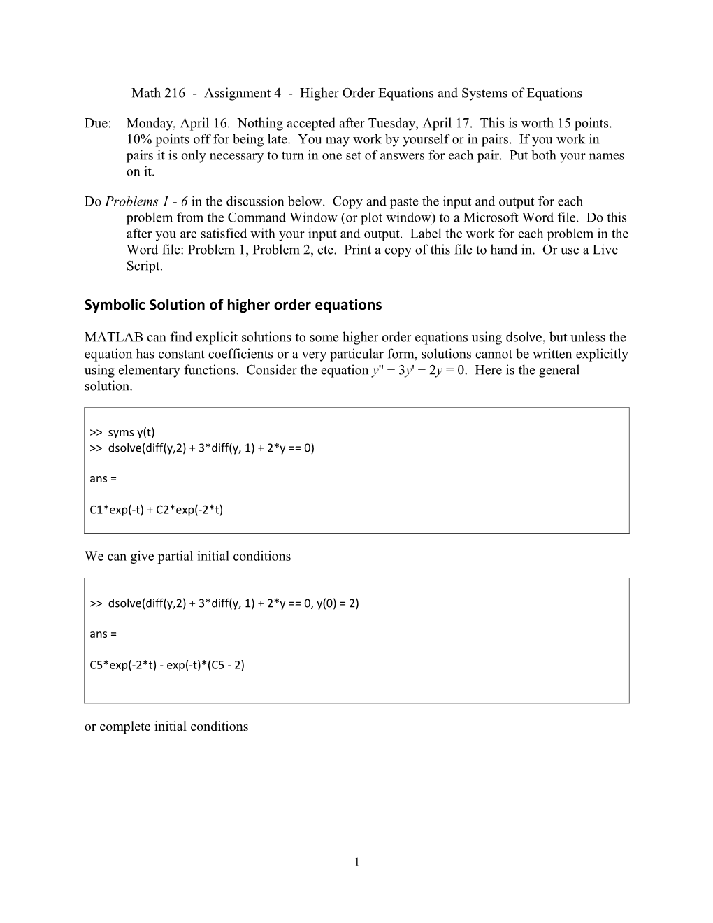 Math 216 - Assignment 4 - Higher Order Equations and Systems of Equations