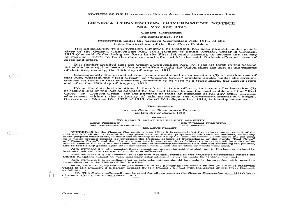 Geneva Convention Government Notice No. 937 of 1915