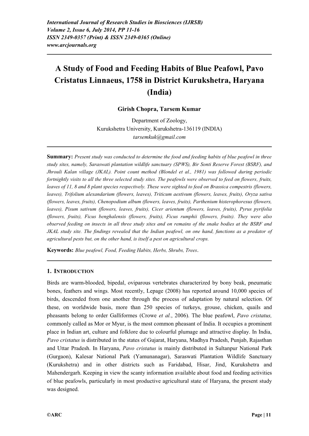 A Study of Food and Feeding Habits of Blue Peafowl, Pavo Cristatus Linnaeus, 1758 in District Kurukshetra, Haryana (India)