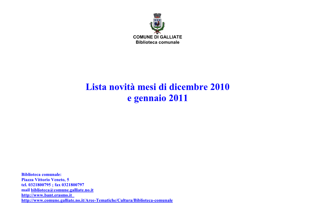 Lista Novità Mesi Di Dicembre 2010 E Gennaio 2011