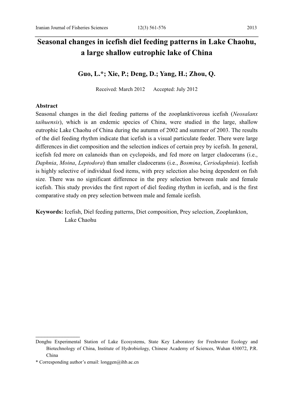 Diet of the Zooplanktivorous Icefish Neosalanx Pseudotaihuensis