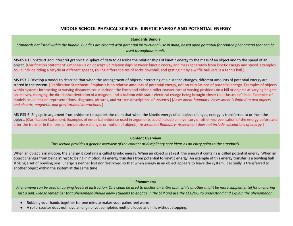 Middle School Physical Science: Kinetic Energy and Potential Energy