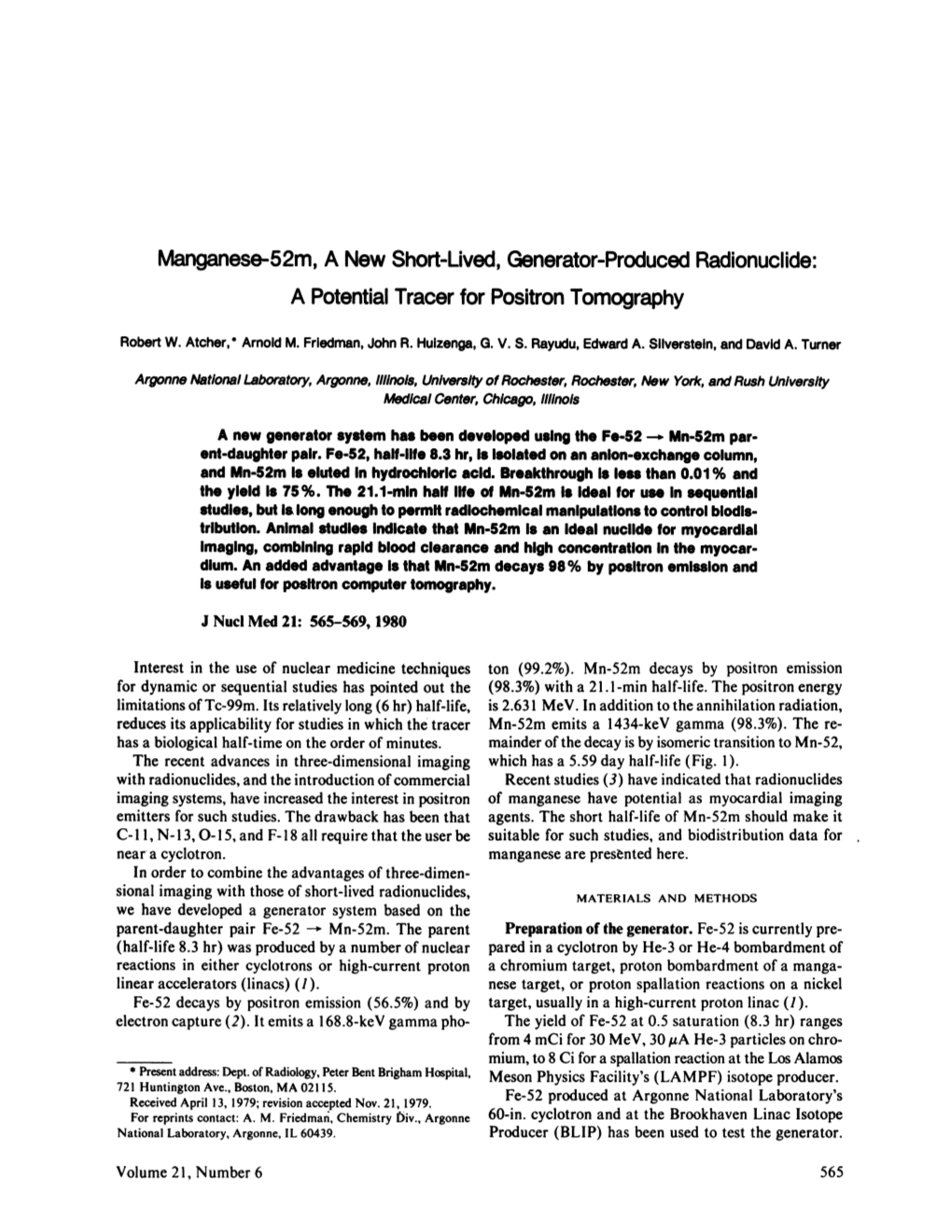 Manganese-52M, a New Short-Lived,Generator-Produced Radionuclide: a Potential Tracer for Positron Tomography