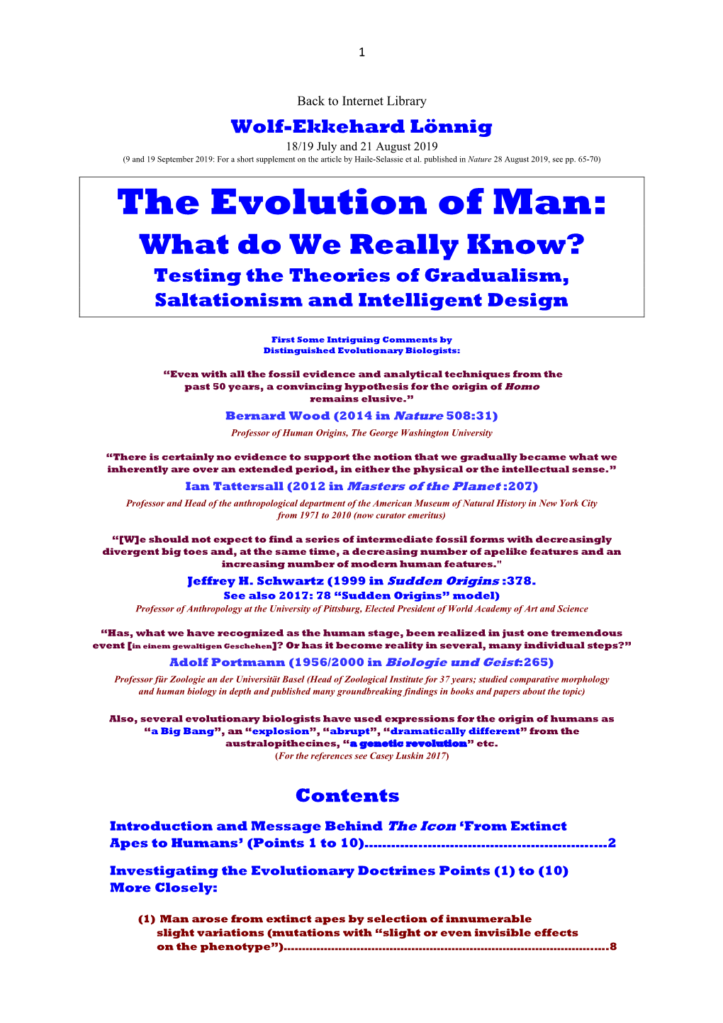 The Evolution of Man: What Do We Really Know? Testing the Theories of Gradualism, Saltationism and Intelligent Design