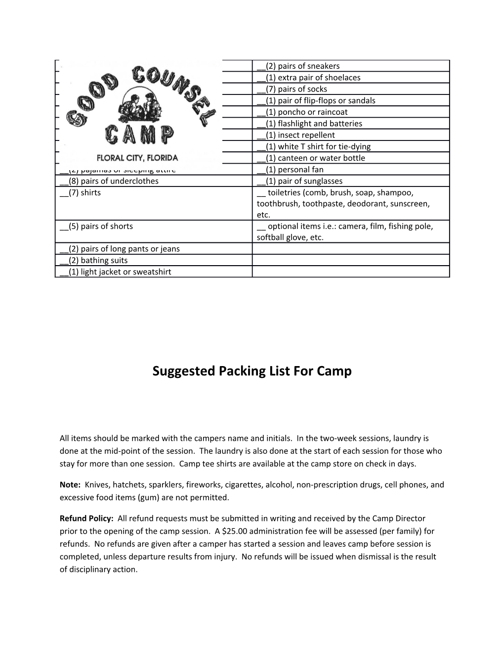 Suggested Packing List for Camp