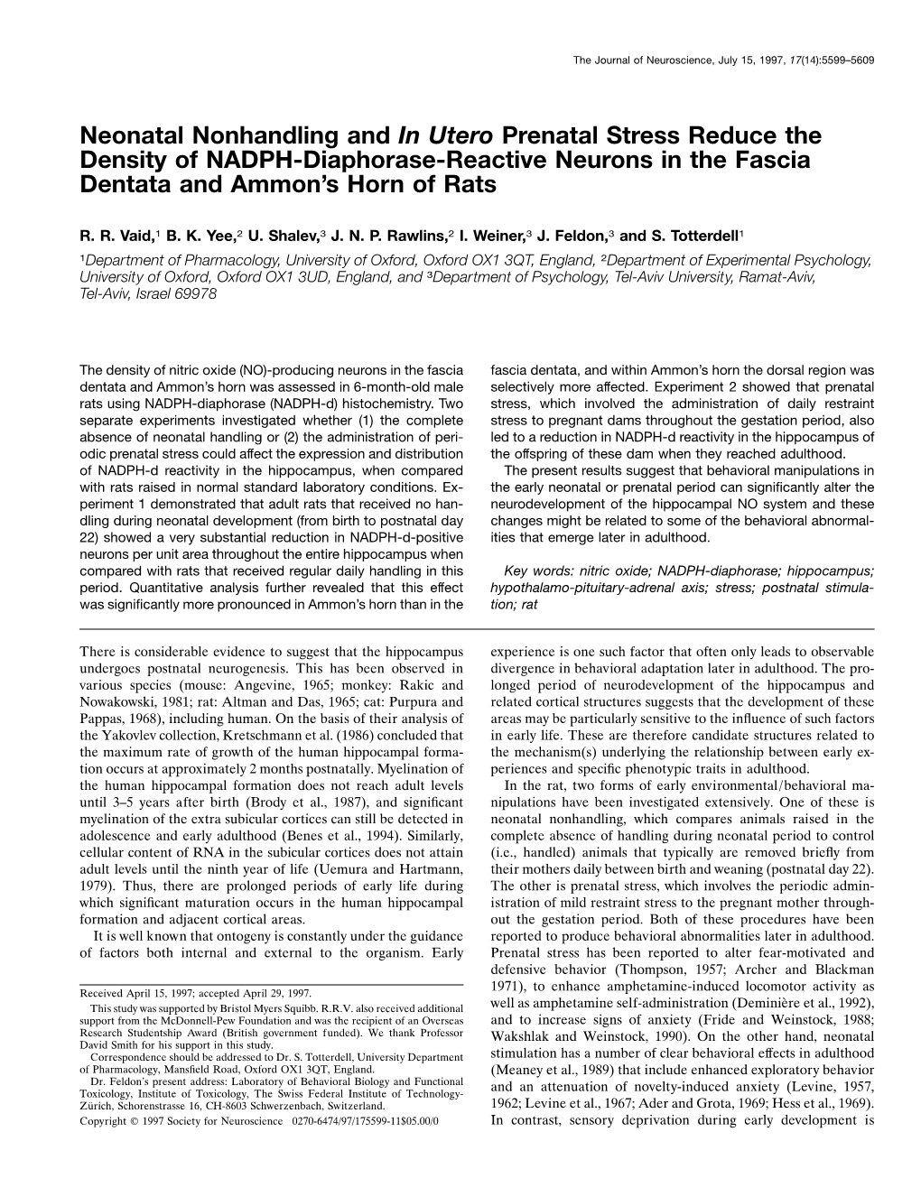 Neonatal Nonhandling and in Utero Prenatal Stress Reduce the Density of NADPH-Diaphorase-Reactive Neurons in the Fascia Dentata and Ammon’S Horn of Rats