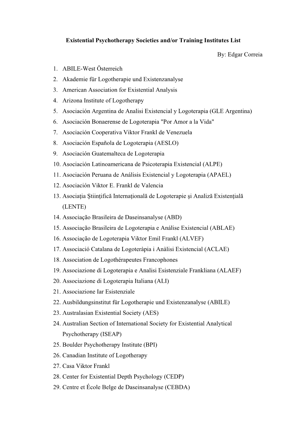 Existential Psychotherapy Societies And/Or Training Institutes List By