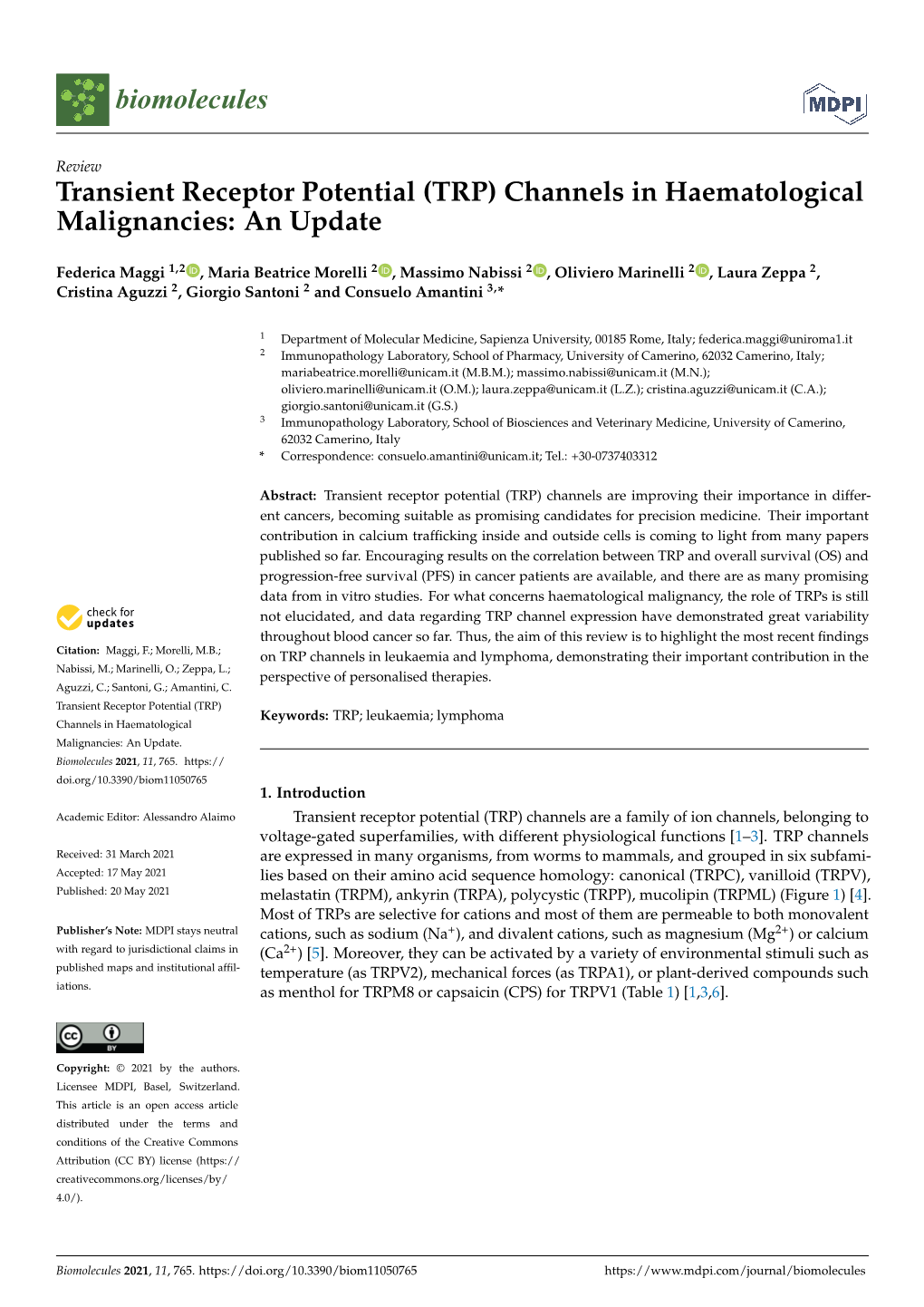 Transient Receptor Potential (TRP) Channels in Haematological Malignancies: an Update