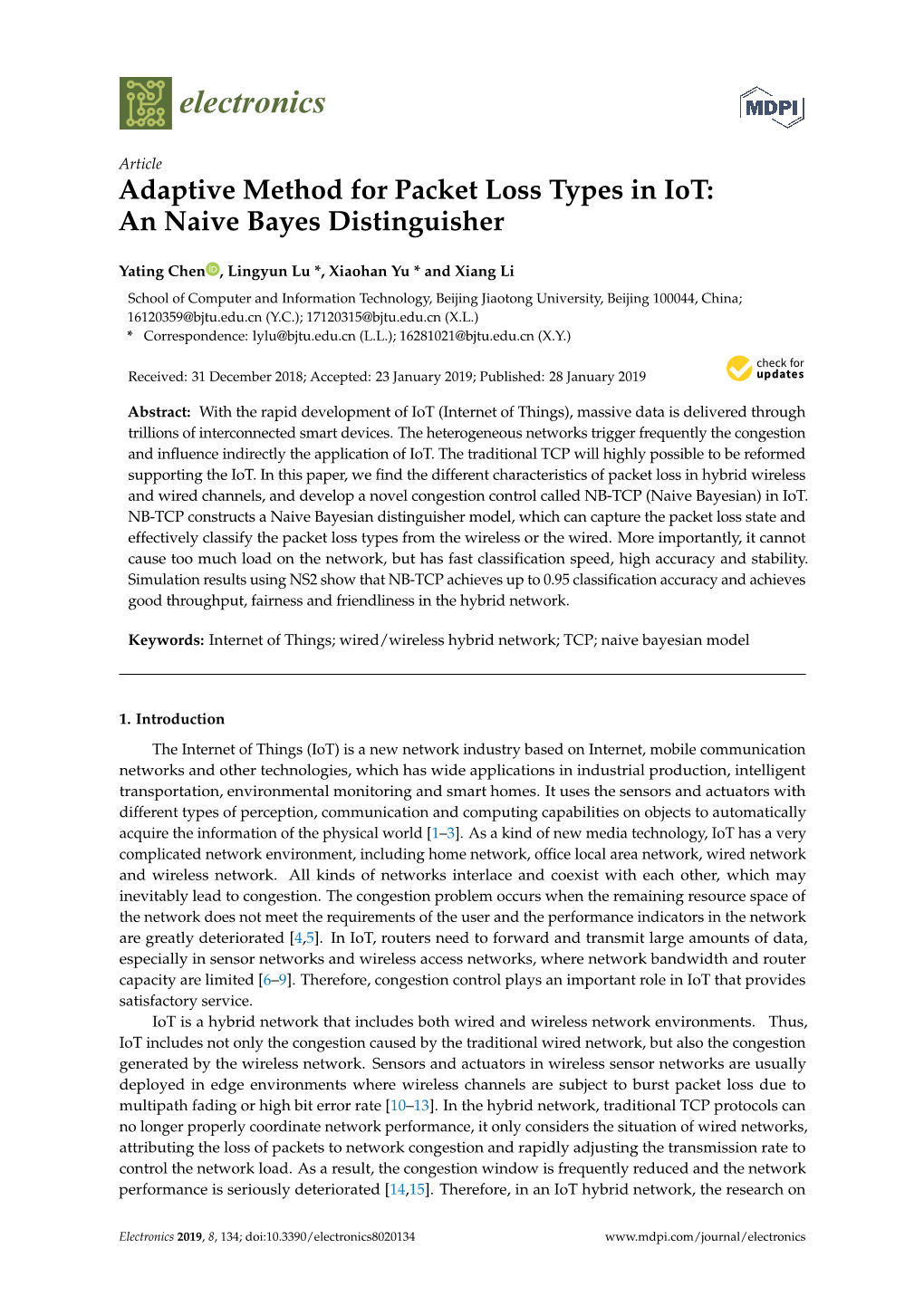 Adaptive Method for Packet Loss Types in Iot: an Naive Bayes Distinguisher