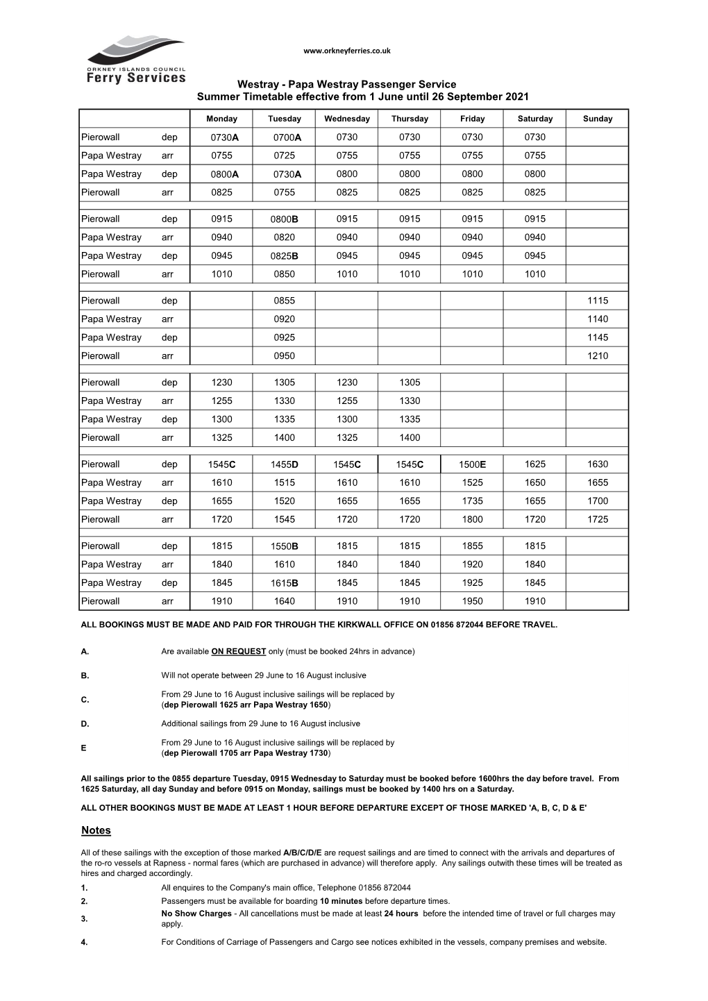 Papa Westray Passenger Service Summer Timetable Effective from 1 June Until 26 September 2021