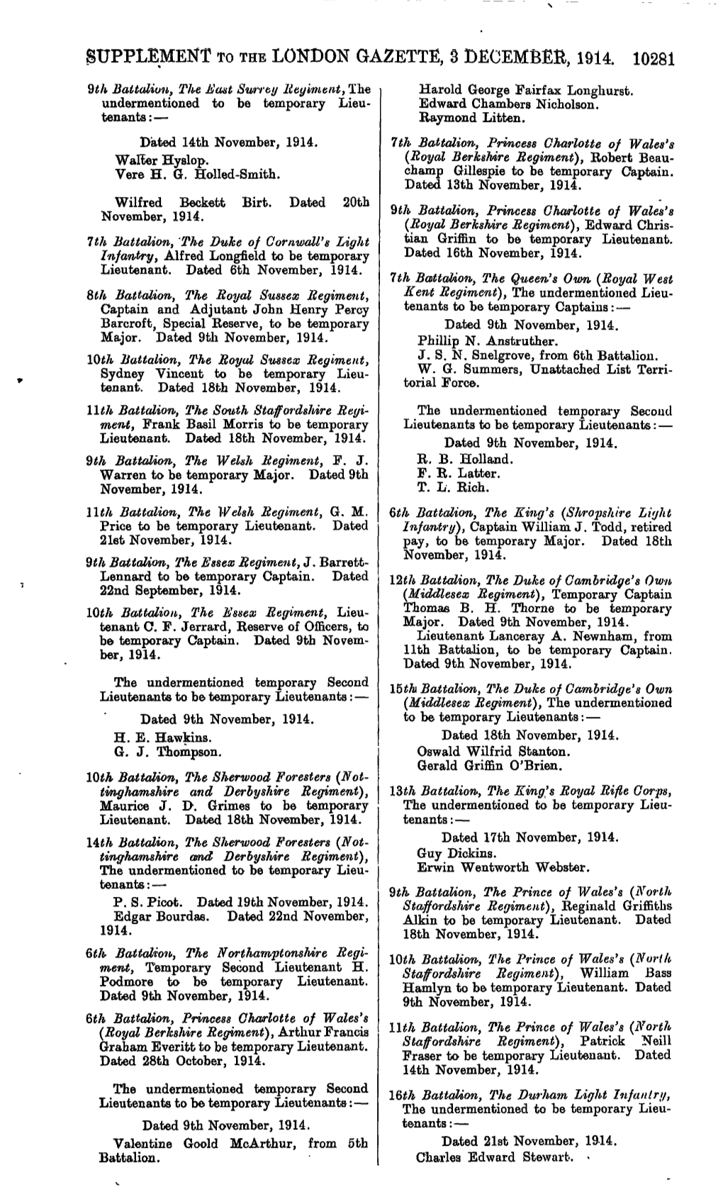 SUPPLEMENT to the LONDON GAZETTE, S DECEMBER, 1914