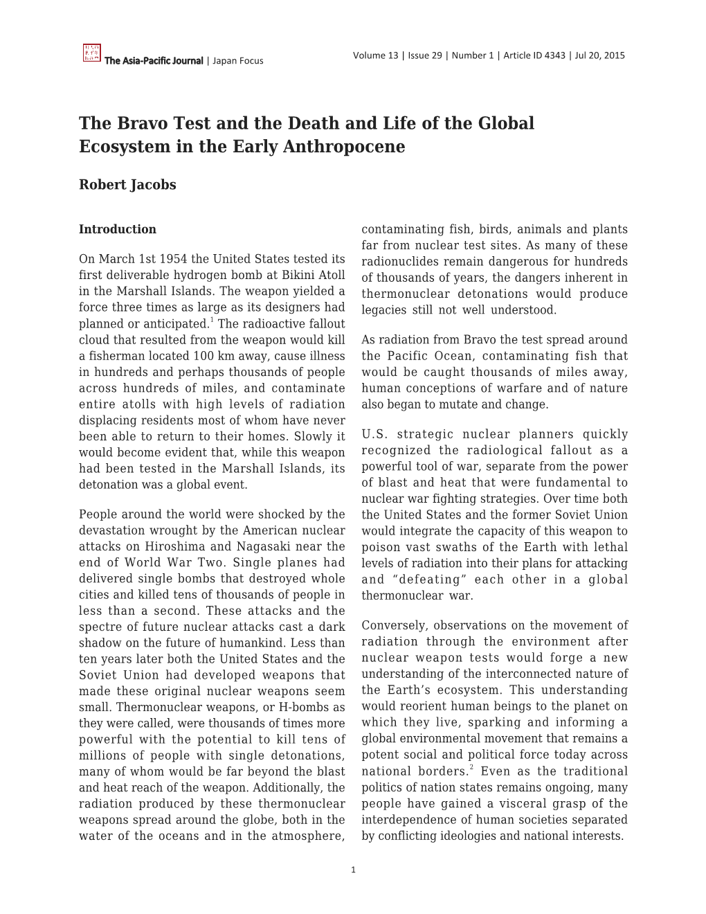 The Bravo Test and the Death and Life of the Global Ecosystem in the Early Anthropocene