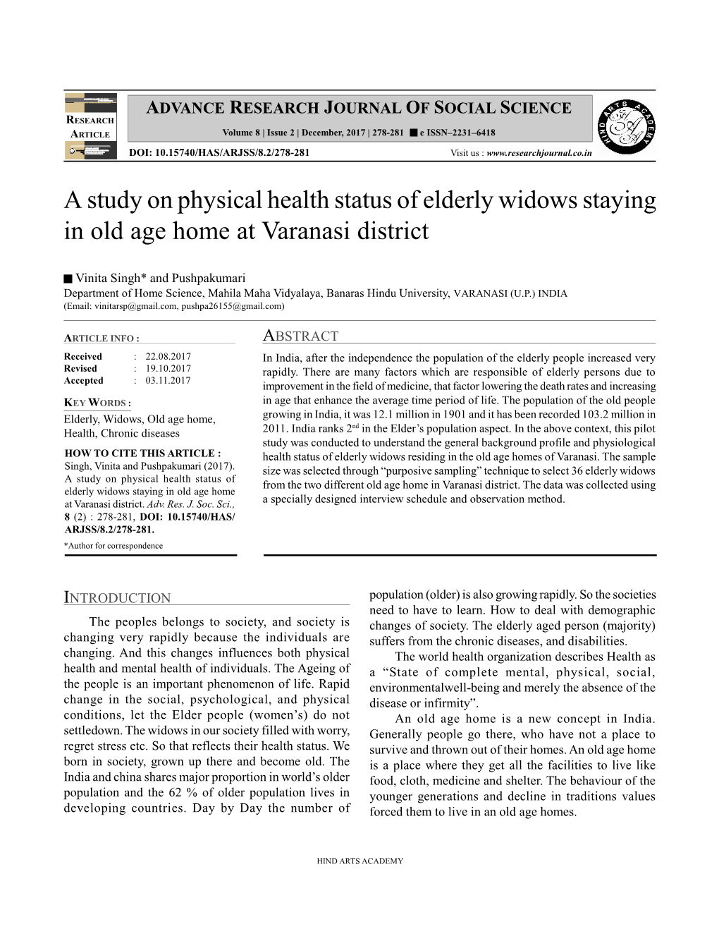 A Study on Physical Health Status of Elderly Widows Staying in Old Age Home at Varanasi District