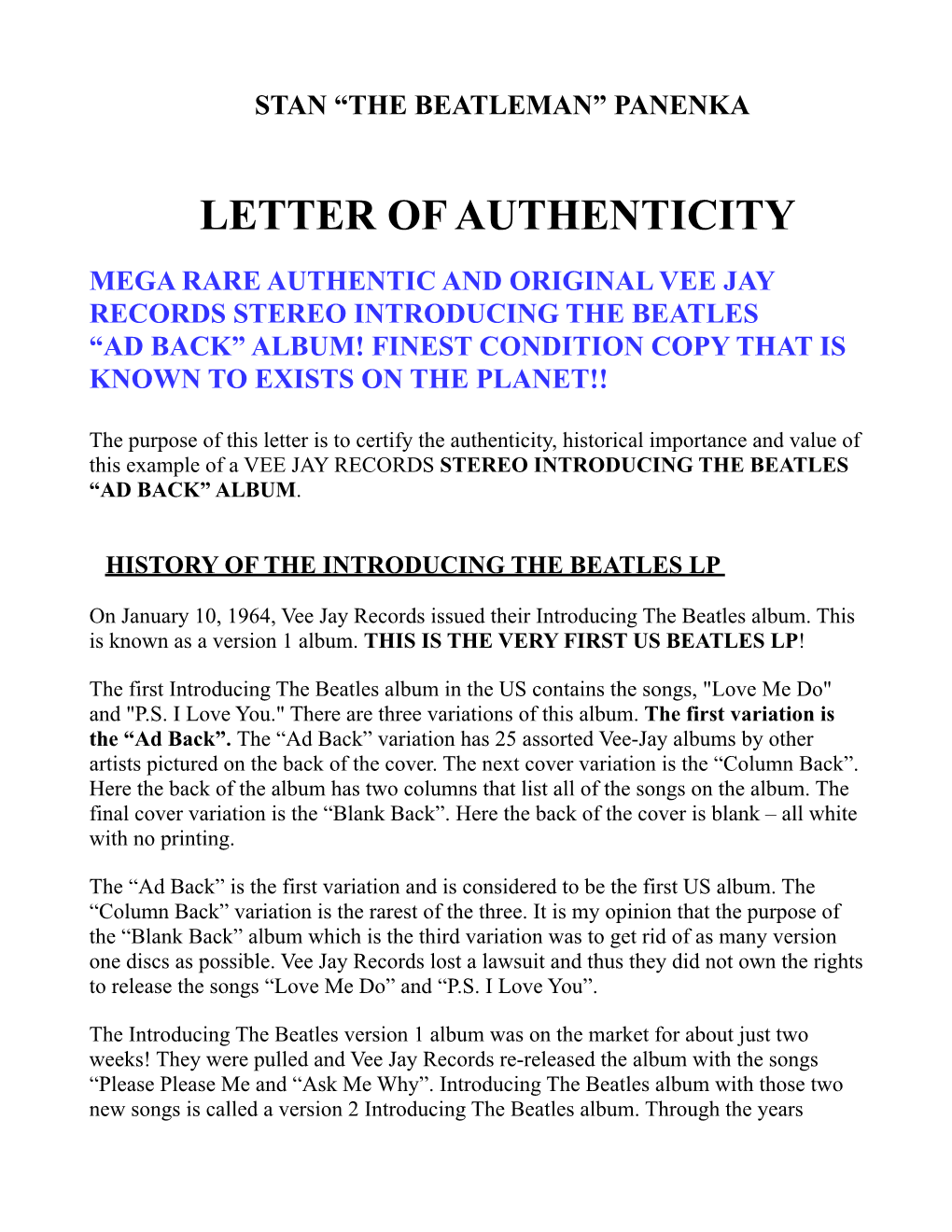 Authenticity Letter for Stereo Introducing The