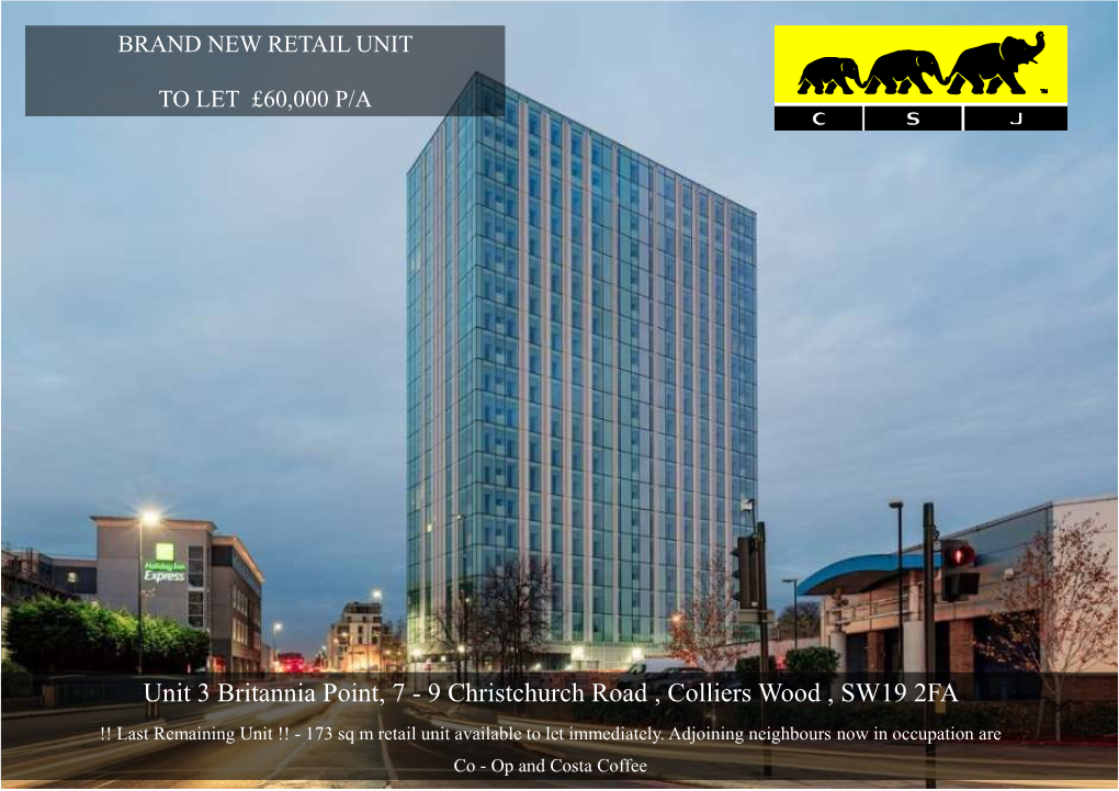 9 Christchurch Road , Colliers Wood , SW19 2FA !! Last Remaining Unit !! - 173 Sq M Retail Unit Available to Let Immediately