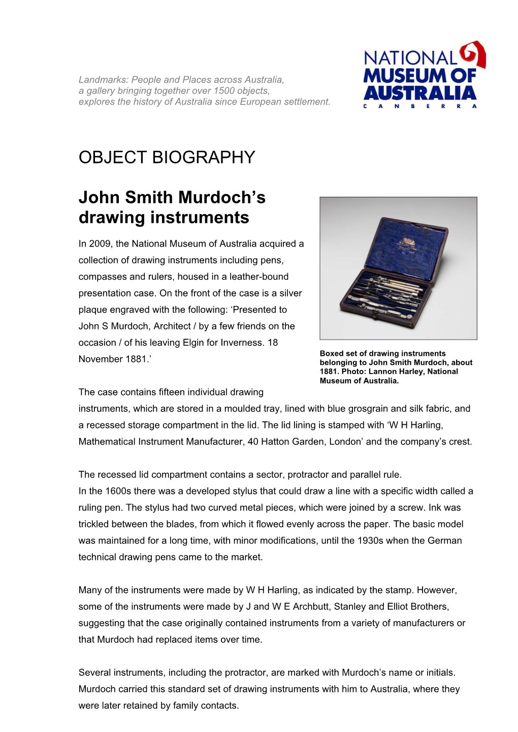 OBJECT BIOGRAPHY John Smith Murdoch's Drawing Instruments