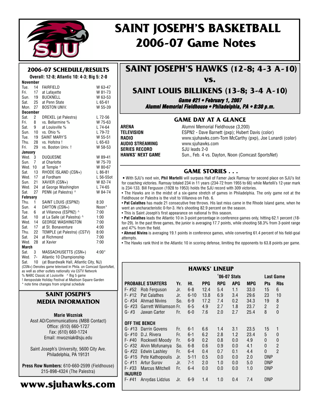 SAINT JOSEPH's BASKETBALL 2006-07 Game Notes