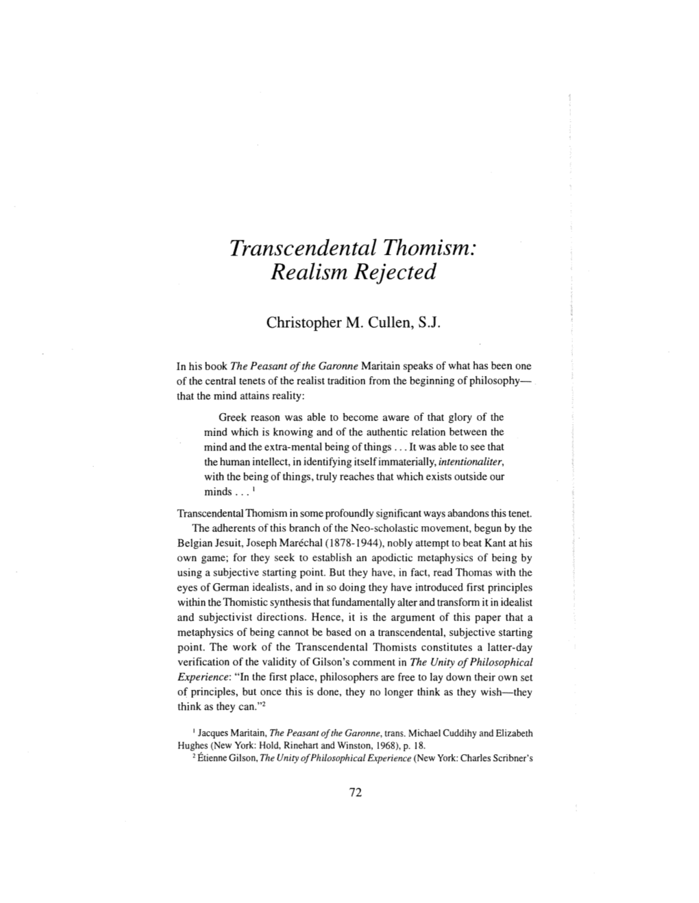 Transcendental Thomism: Realism Rejected