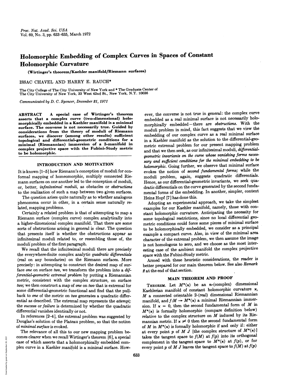 Holomorphic Embedding of Complex Curves in Spaces of Constant Holomorphic Curvature (Wirtinger's Theorem/Kaehler Manifold/Riemann Surfaces) ISSAC CHAVEL and HARRY E