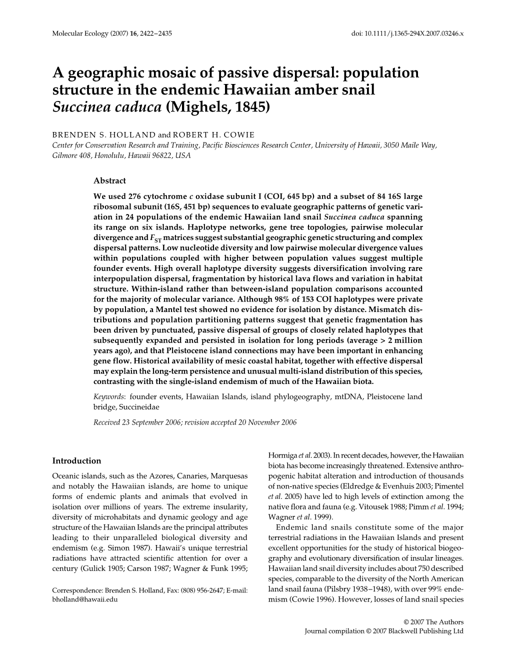 Population Structure in the Endemic Hawaiian Amber Snail Succinea Caduca (Mighels, 1845)