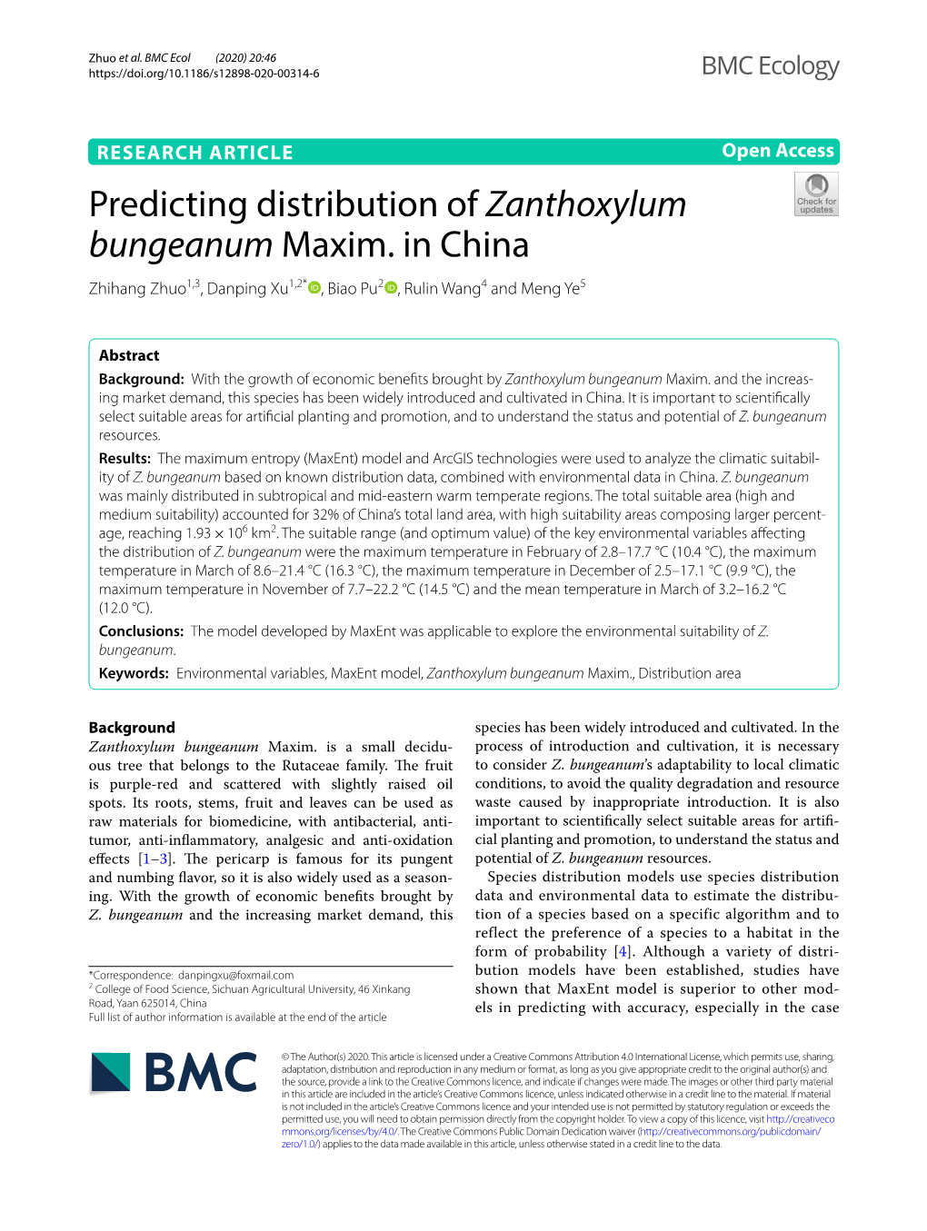 Predicting Distribution of Zanthoxylum Bungeanum Maxim. in China Zhihang Zhuo1,3, Danping Xu1,2* , Biao Pu2 , Rulin Wang4 and Meng Ye5