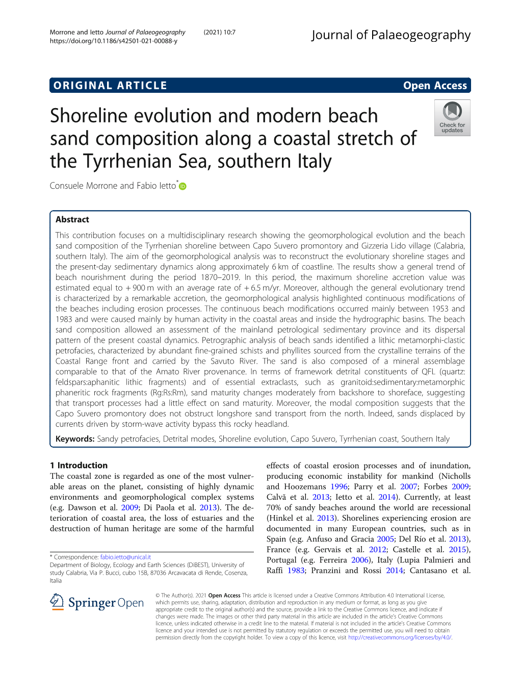 Shoreline Evolution and Modern Beach Sand Composition Along a Coastal Stretch of the Tyrrhenian Sea, Southern Italy Consuele Morrone and Fabio Ietto*