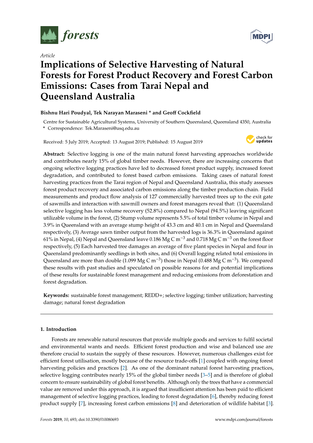 Implications of Selective Harvesting of Natural Forests for Forest Product Recovery and Forest Carbon Emissions: Cases from Tarai Nepal and Queensland Australia