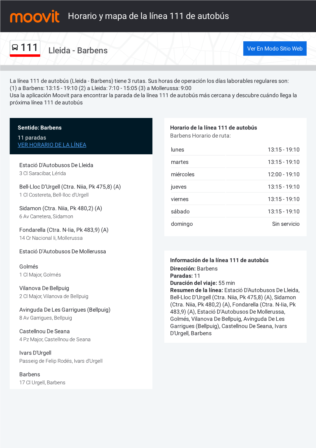 Horario Y Mapa De La Ruta 111 De Autobús