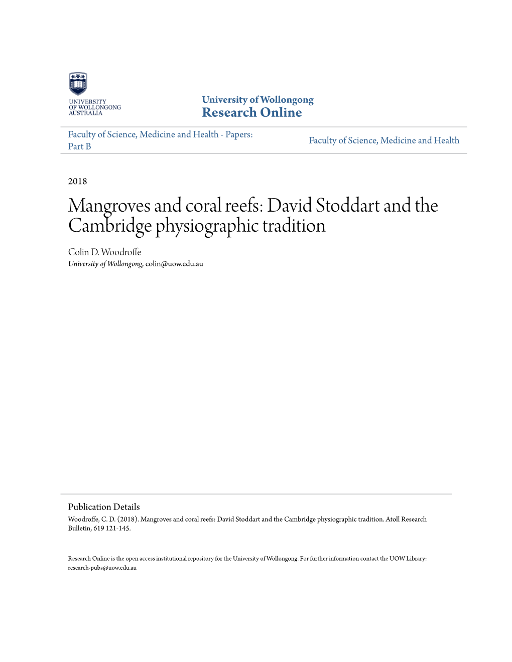 Mangroves and Coral Reefs: David Stoddart and the Cambridge Physiographic Tradition Colin D