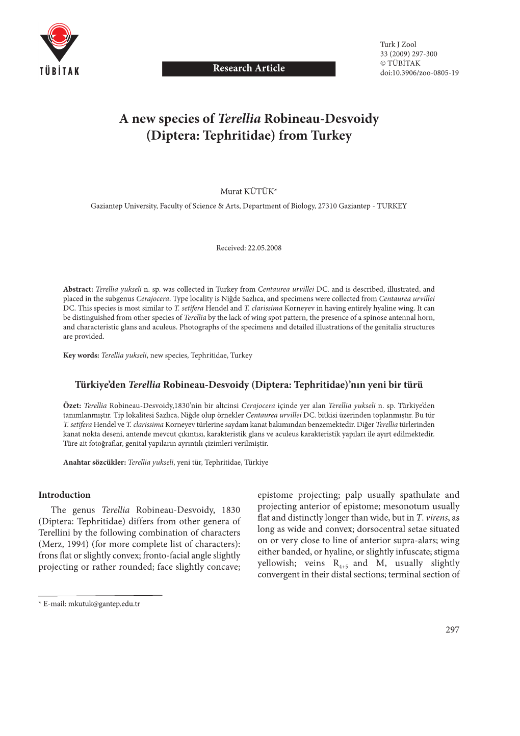 A New Species of Terellia Robineau-Desvoidy (Diptera: Tephritidae) from Turkey