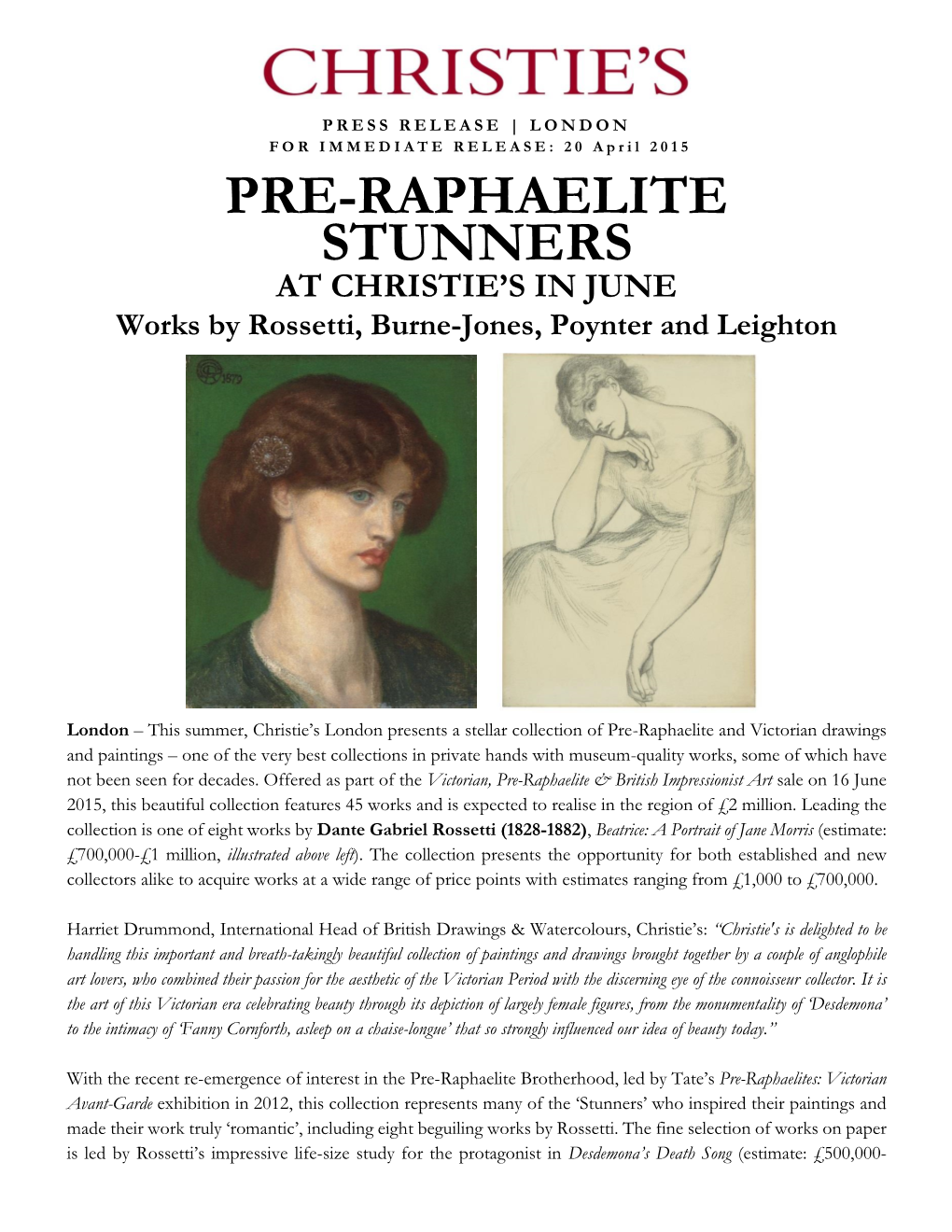 PRE-RAPHAELITE STUNNERS at CHRISTIE’S in JUNE Works by Rossetti, Burne-Jones, Poynter and Leighton