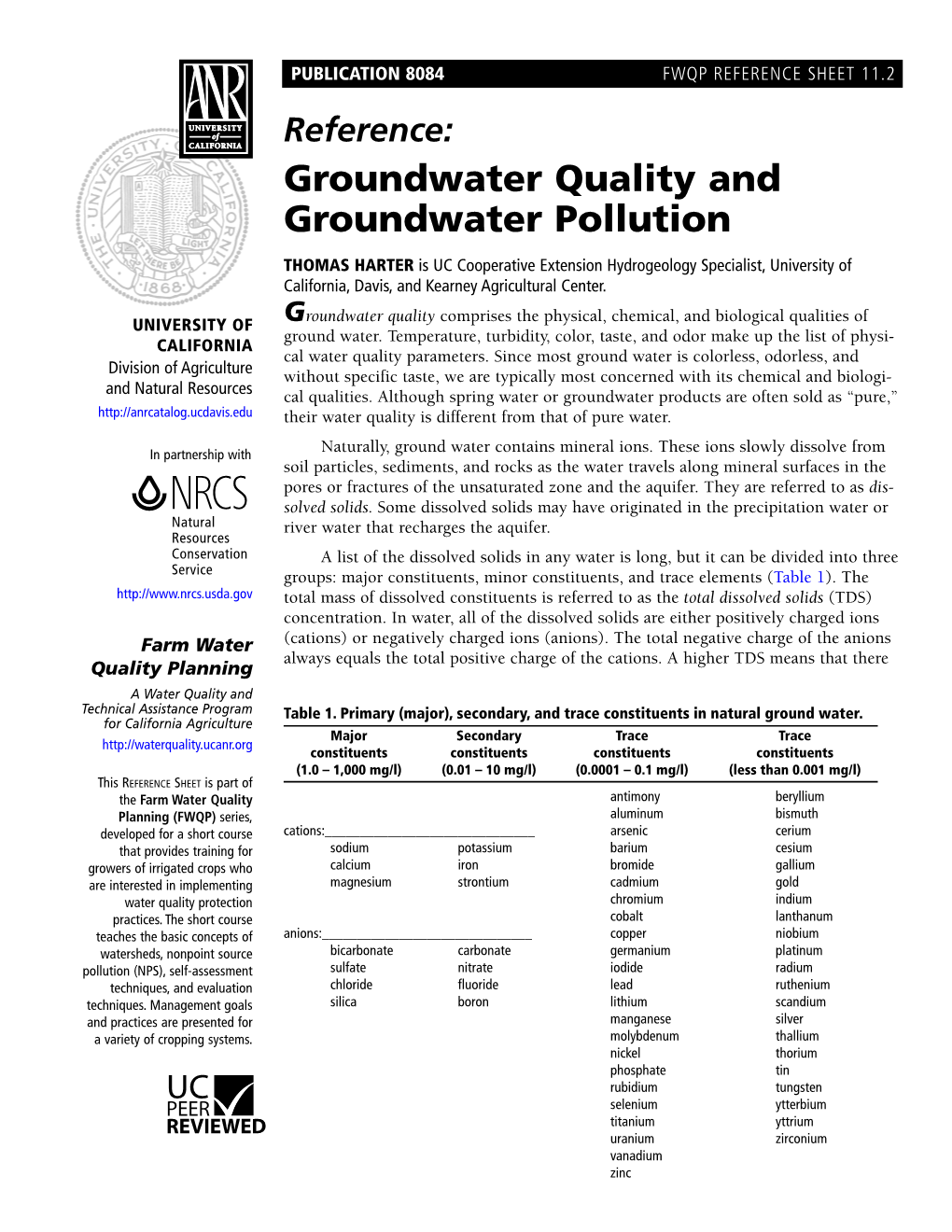 Reference: Groundwater Quality and Groundwater Pollution