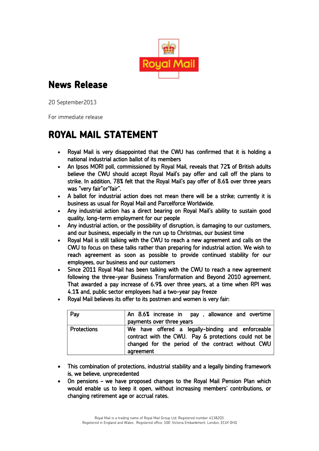 News Release ROYAL MAIL STATEMENT