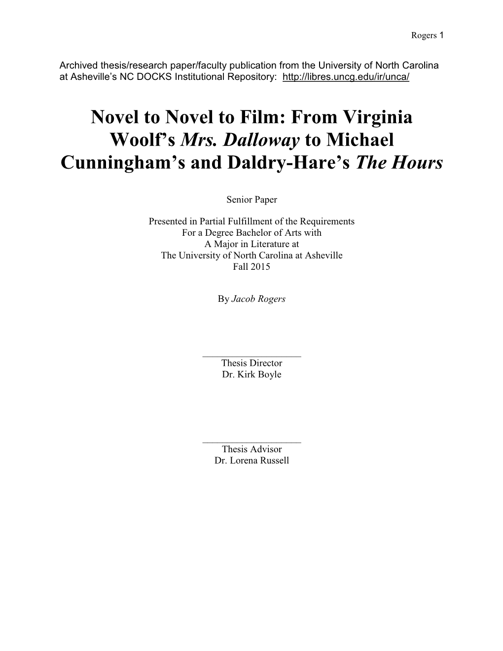 Novel to Novel to Film: from Virginia Woolf's Mrs. Dalloway to Michael