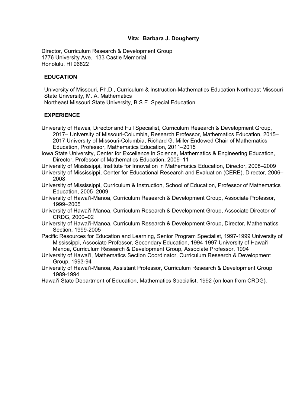 Vita: Barbara J. Dougherty Director, Curriculum Research