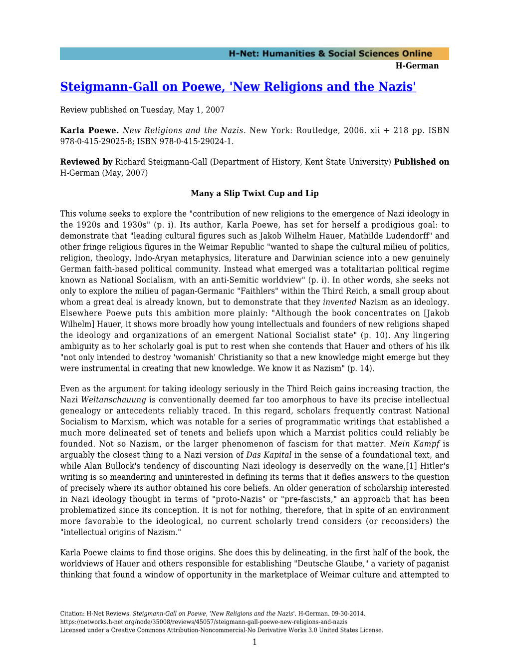 Steigmann-Gall on Poewe, 'New Religions and the Nazis'