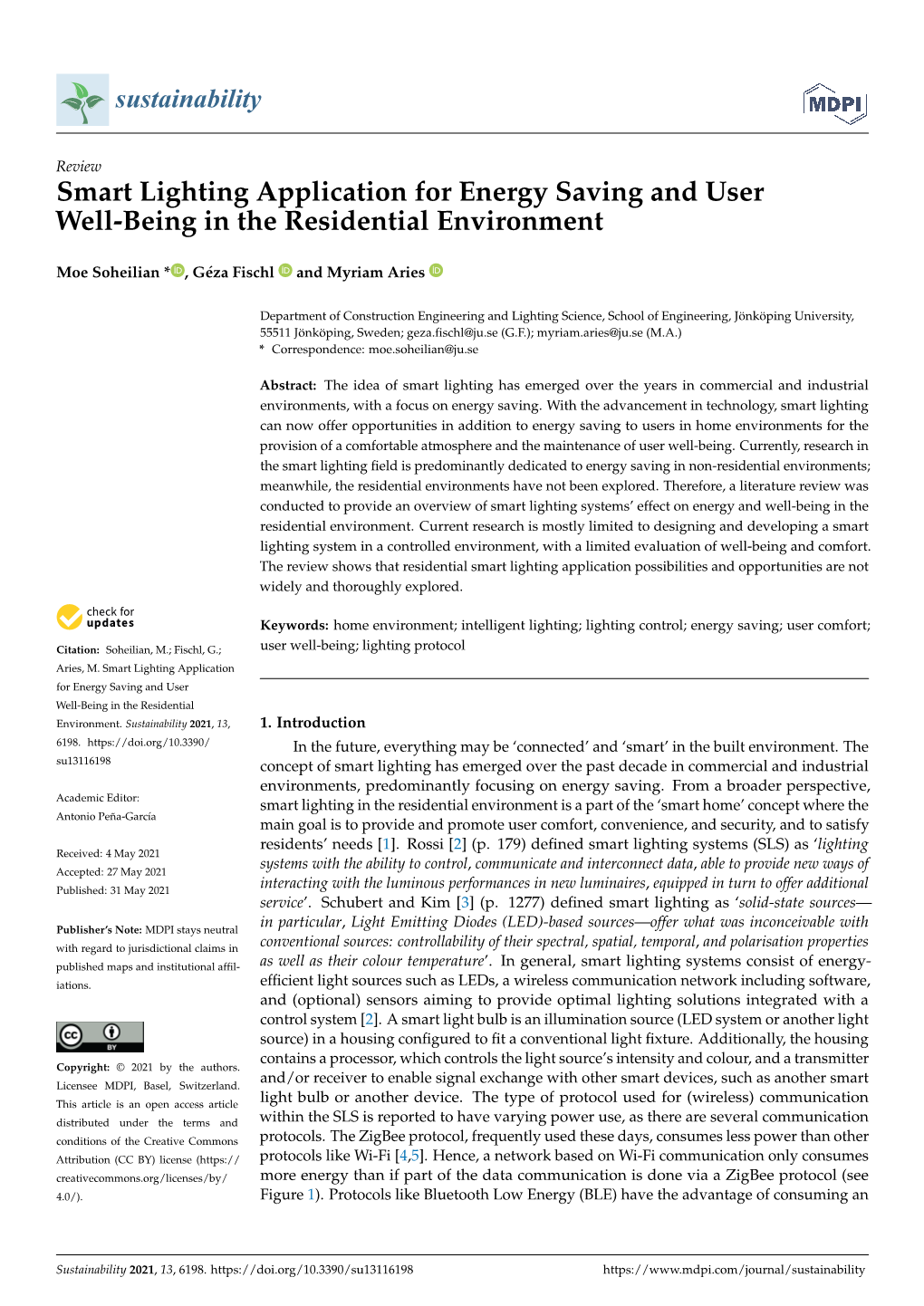 Smart Lighting Application for Energy Saving and User Well-Being in the Residential Environment