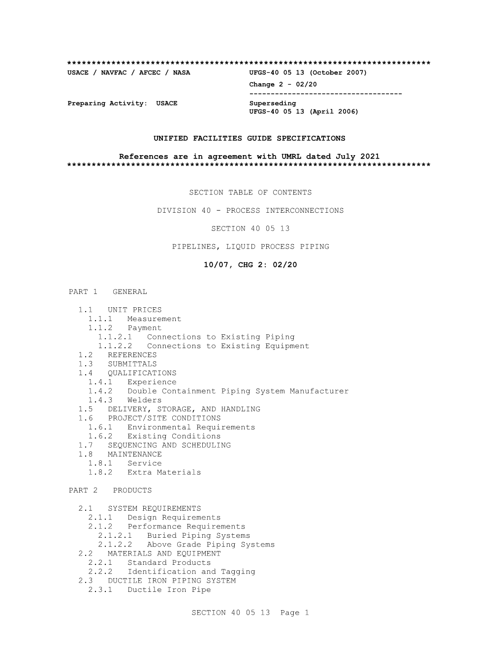 UFGS 40 05 13 Pipelines, Liquid Process Piping