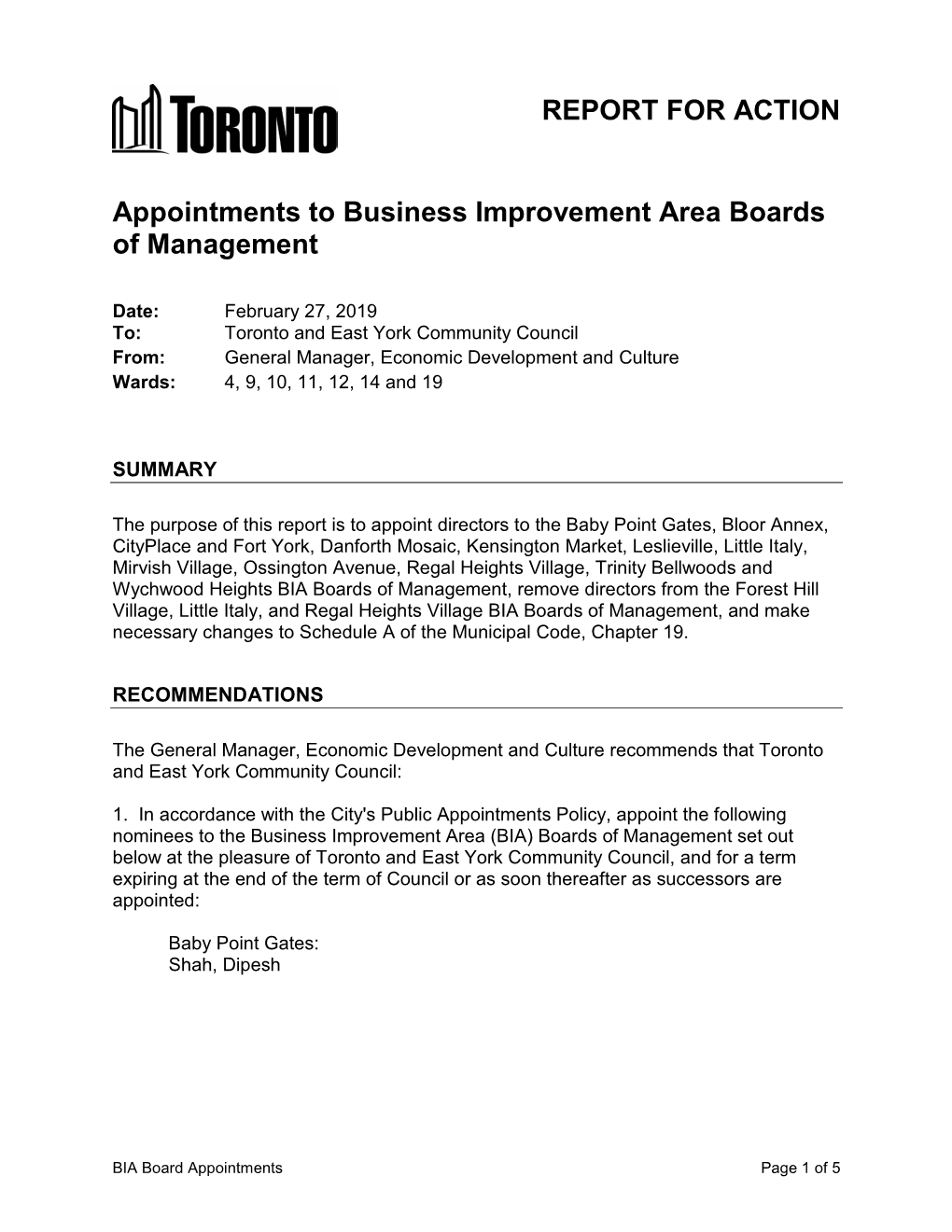 Appointments to Business Improvement Area Boards of Management