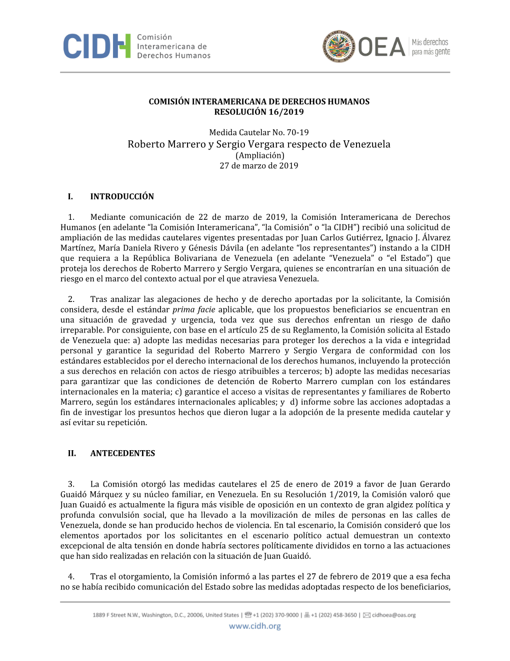 Resolución 16/2019. Medida Cautelar No 70/19. Roberto Marrero Y