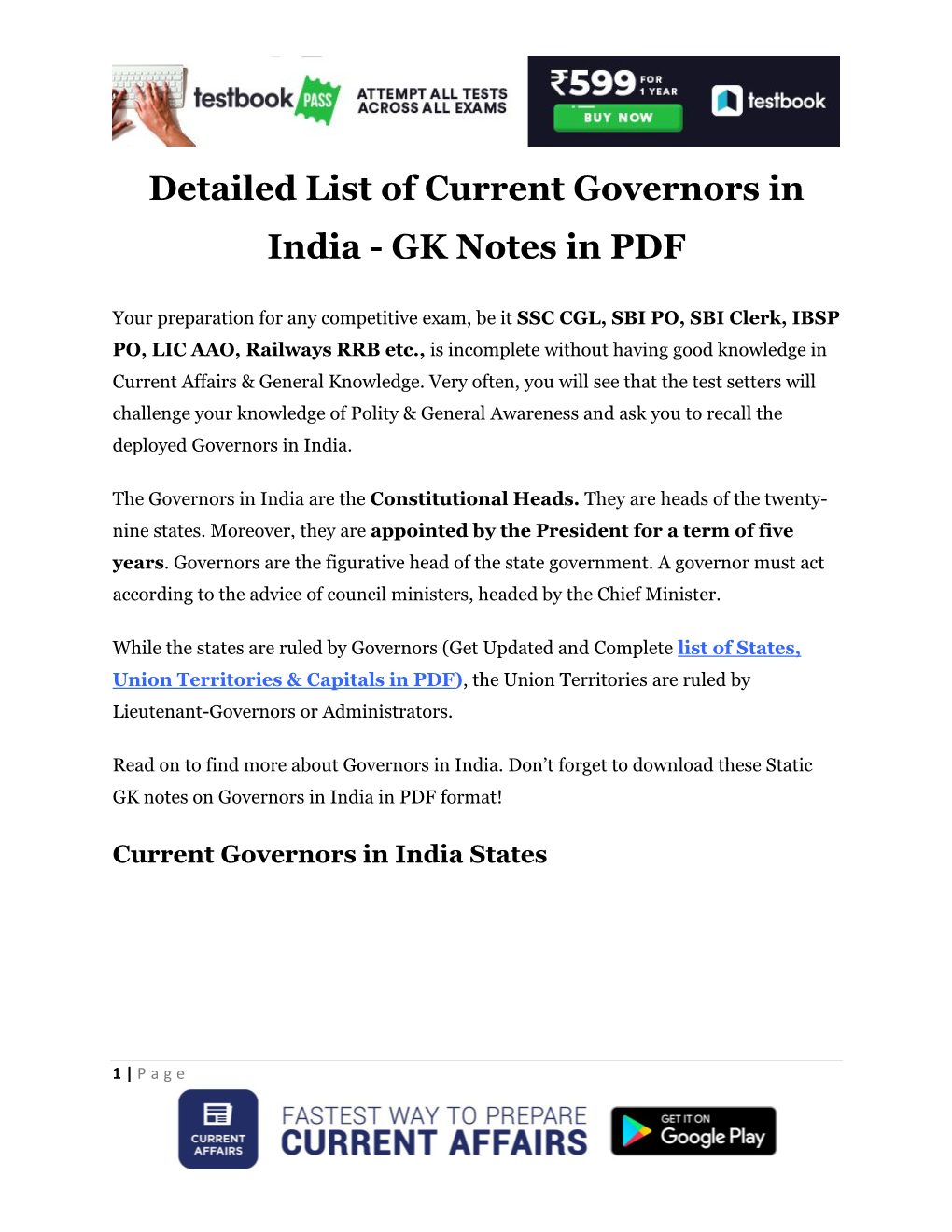 Detailed List of Current Governors in India - GK Notes in PDF