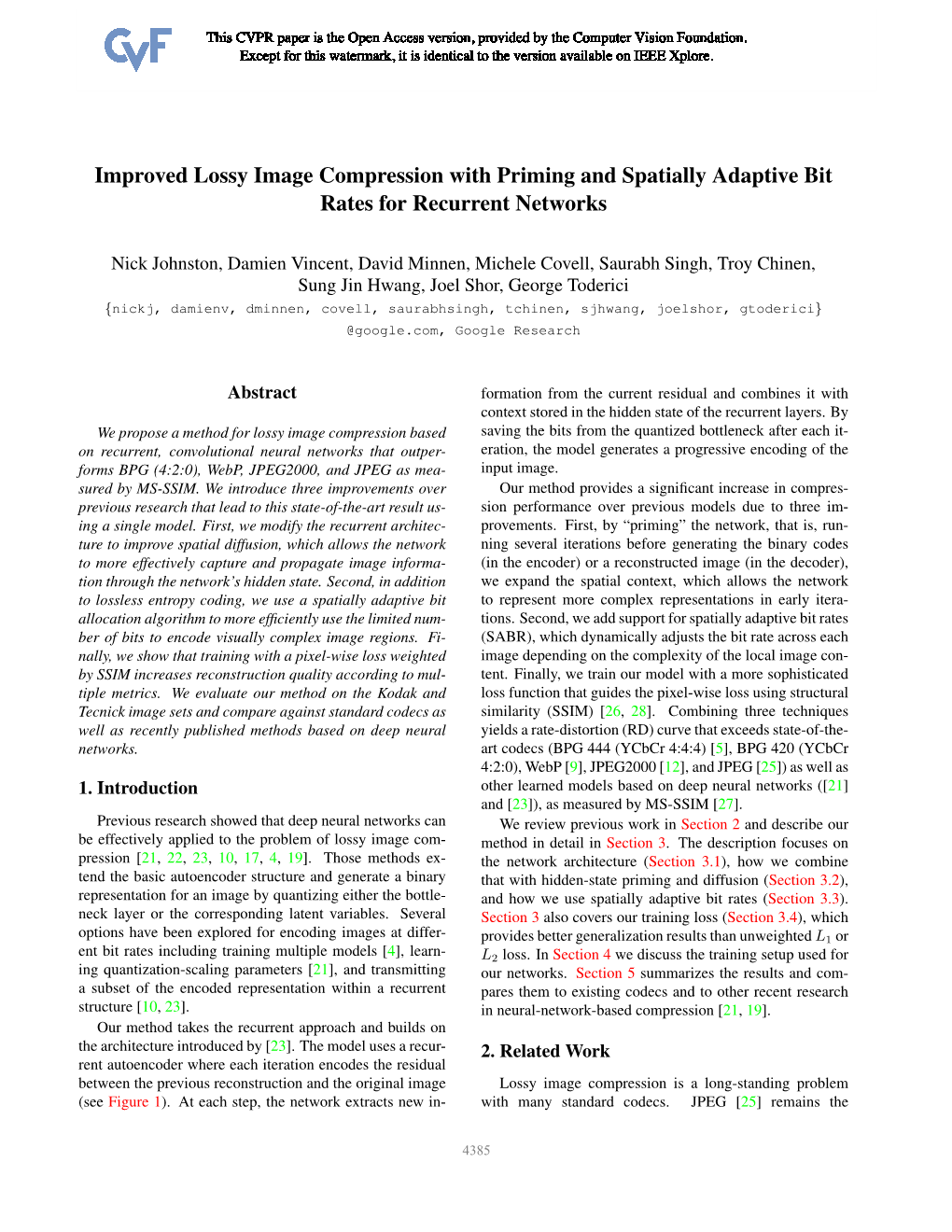 Improved Lossy Image Compression with Priming and Spatially Adaptive Bit Rates for Recurrent Networks