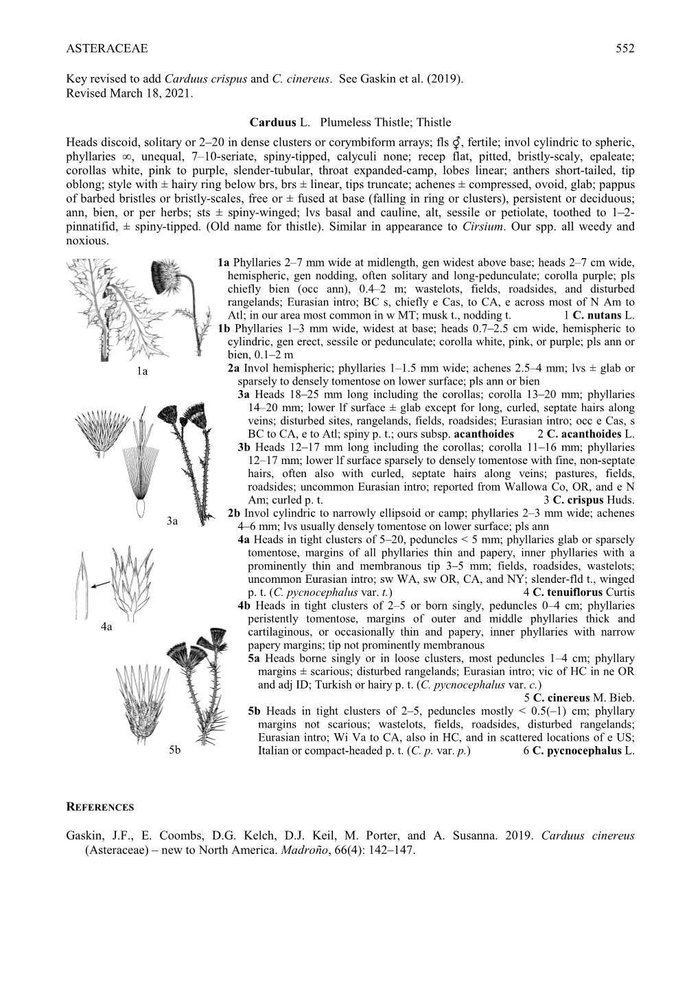 ASTERACEAE 552 Key Revised to Add Carduus Crispus and C. Cinereus