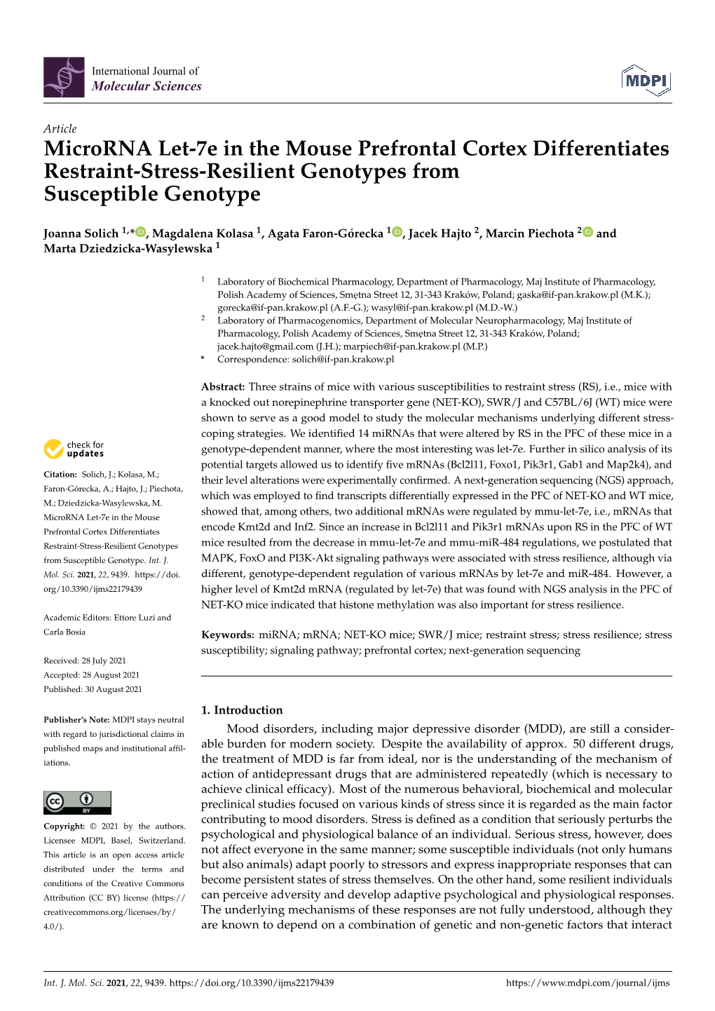 Microrna Let-7E in the Mouse Prefrontal Cortex Differentiates Restraint-Stress-Resilient Genotypes from Susceptible Genotype