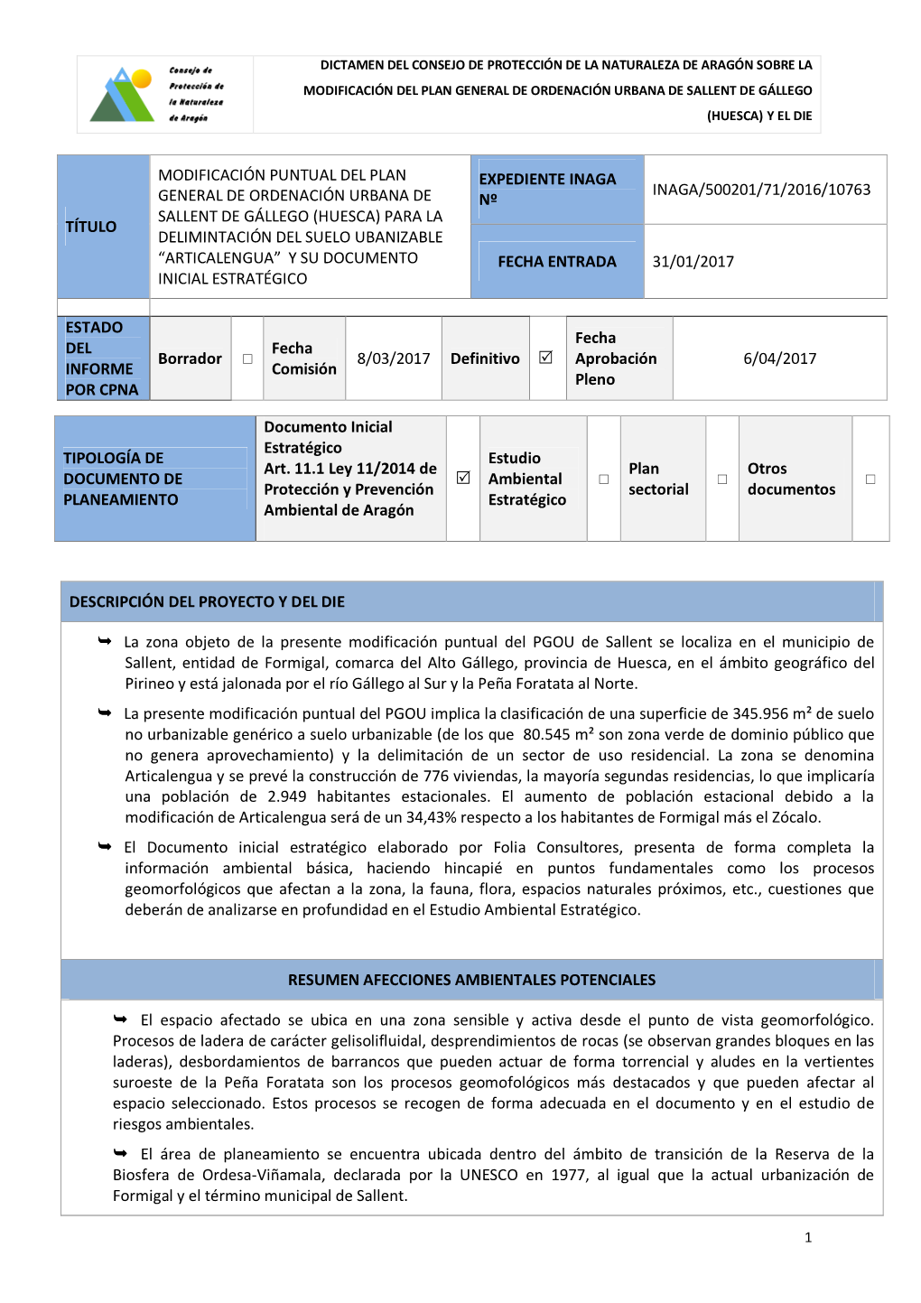 Dictamen Del Cpna Sobre La Modificación Del Pgou De Sallent De Gállego